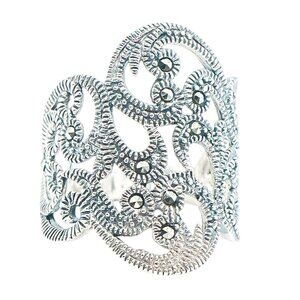 Vintage Sterling Silver Marcasite Scroll Ring Band Size 6.5